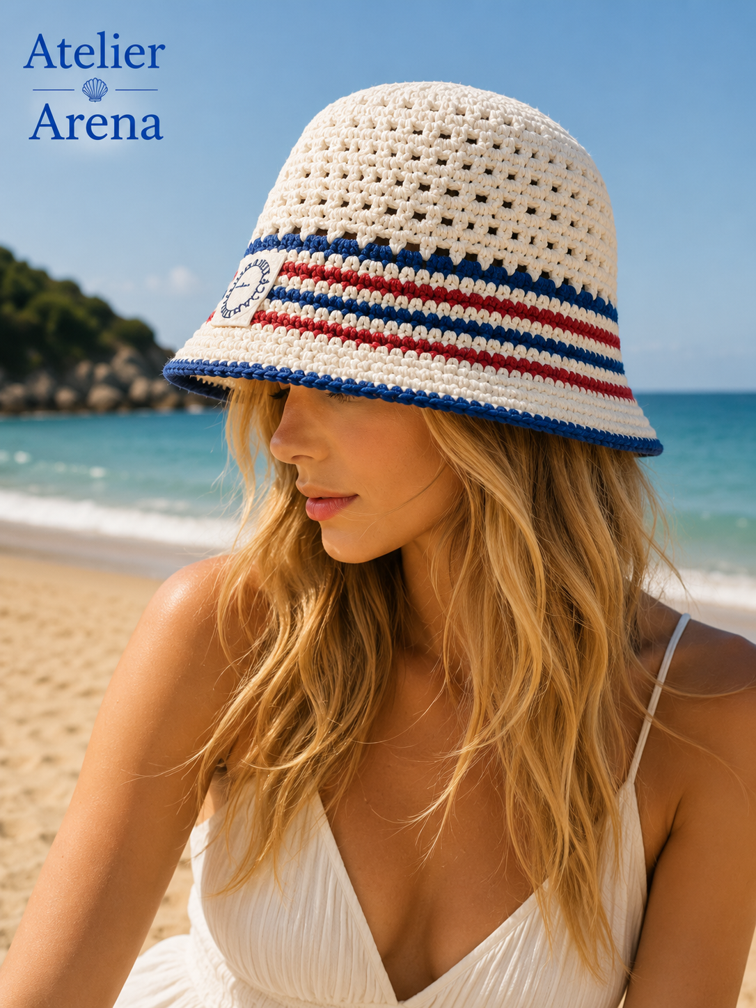 Gehaakte Bucket Hat – Marine Stijl Wit, Blauw & Rood