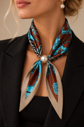 Foulard Turchese & Marrone con Clip a Perla