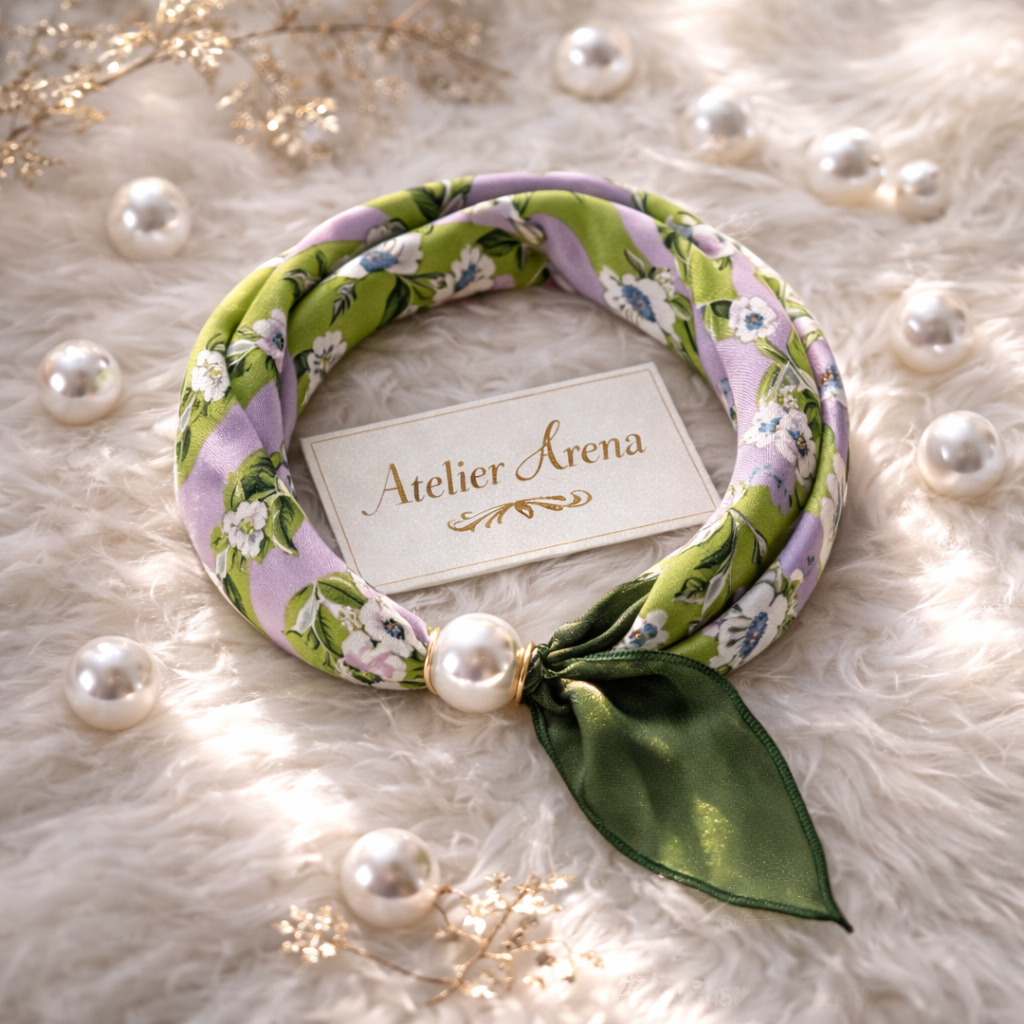 Lilac-Green Scarf with Floral Print and Pearl