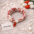 White-Red Scarf with Floral Motif and Pearl