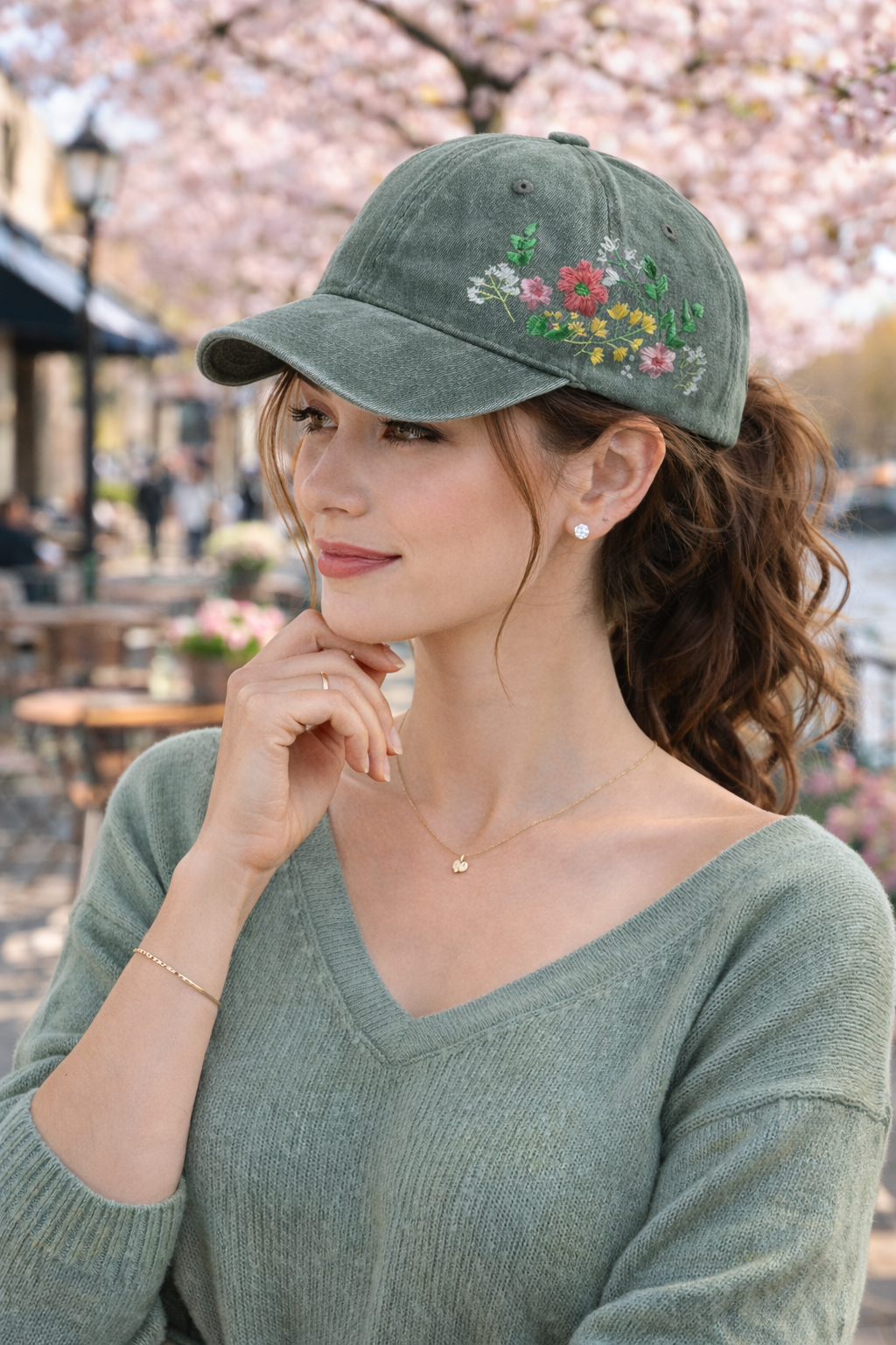 Green Cap with Flower Detail