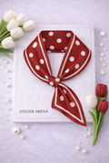 Bordeaux White Silk Scarf with Polka Dot Print and Loop