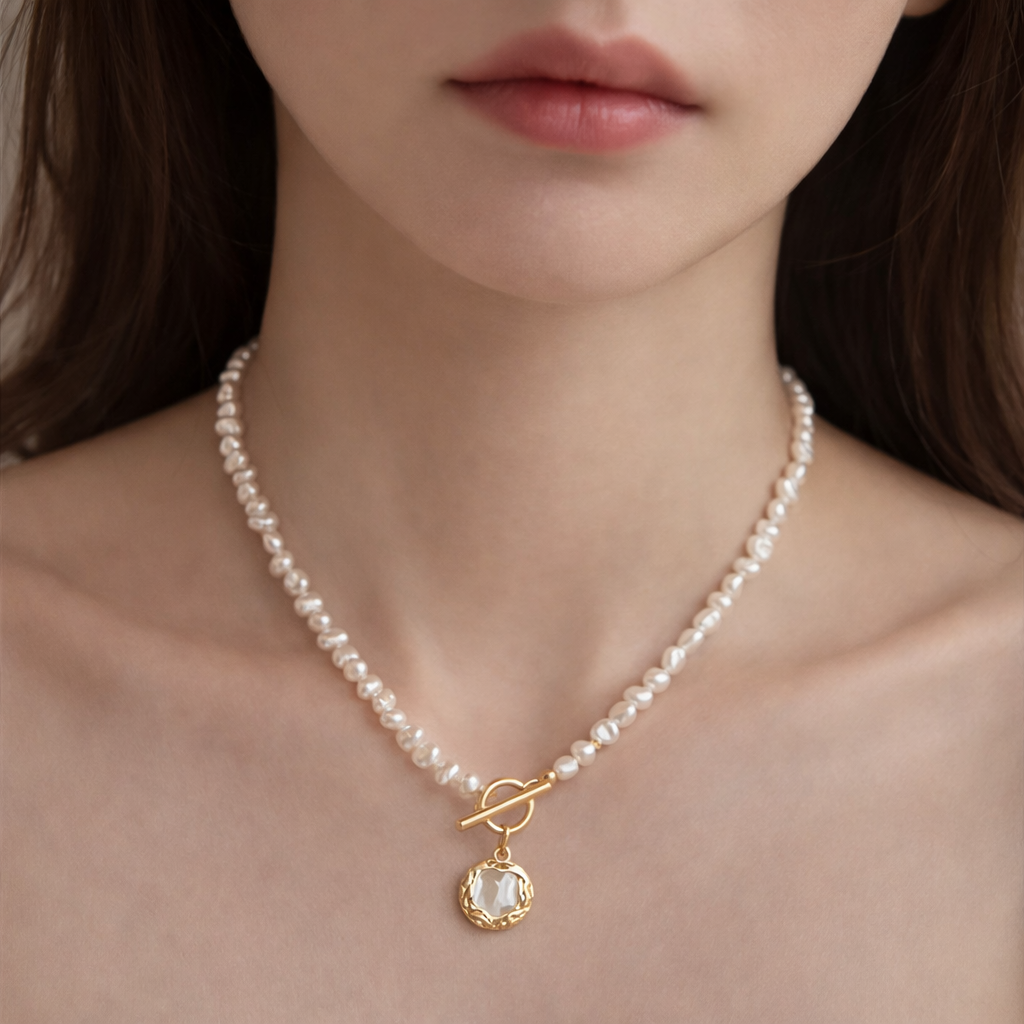 Freshwater Pearl Necklace with Toggle Clasp and Gemstone Pendant