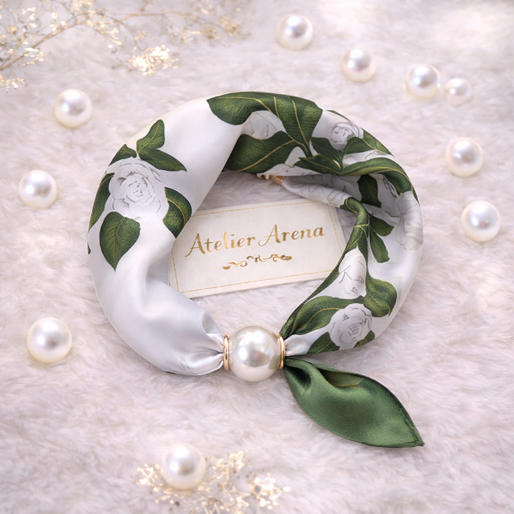 White-Green Scarf with Rose Motif and Pearl