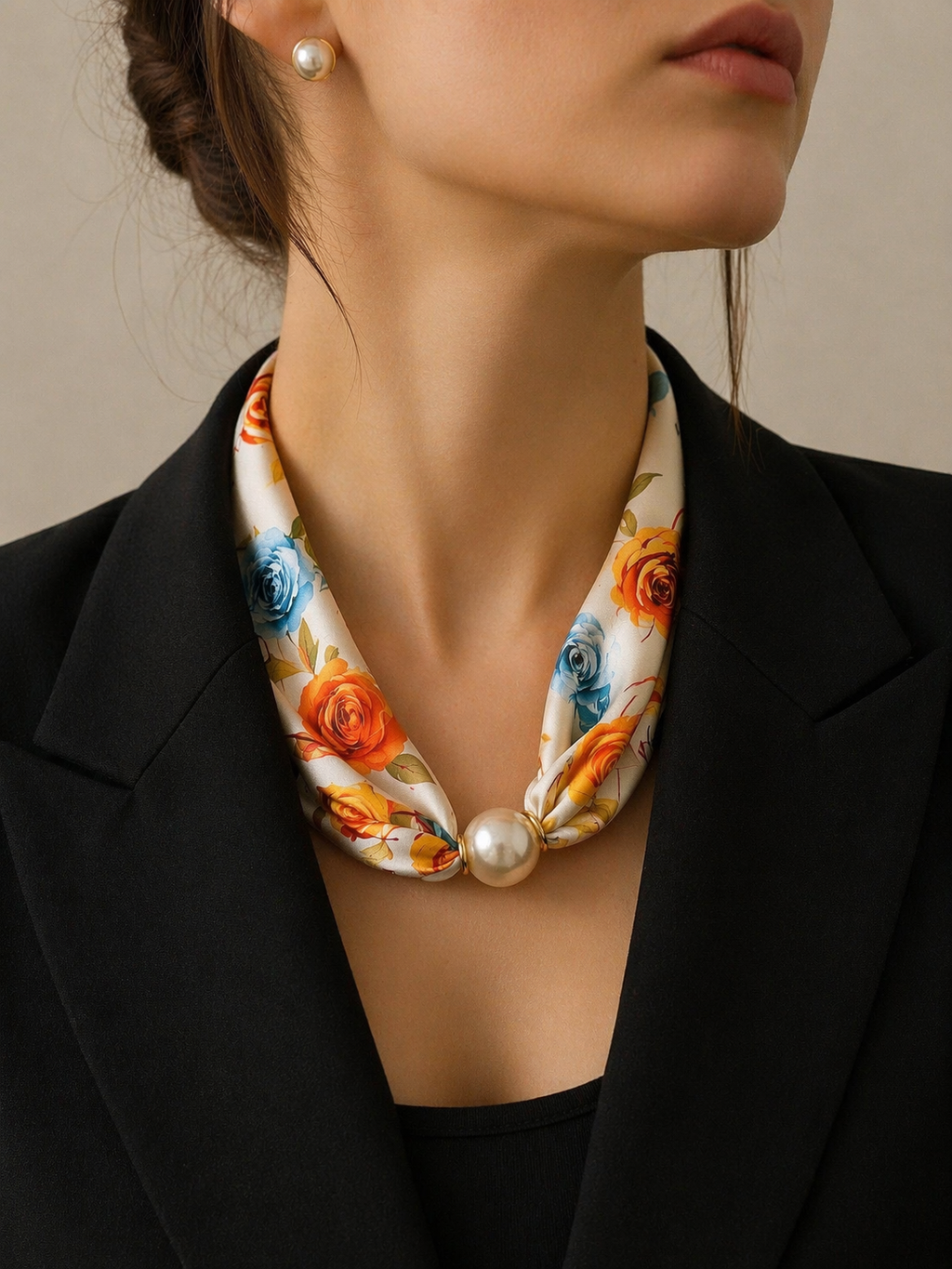 Luxe Satijnen Sjaal met Parel – Bloemenmix