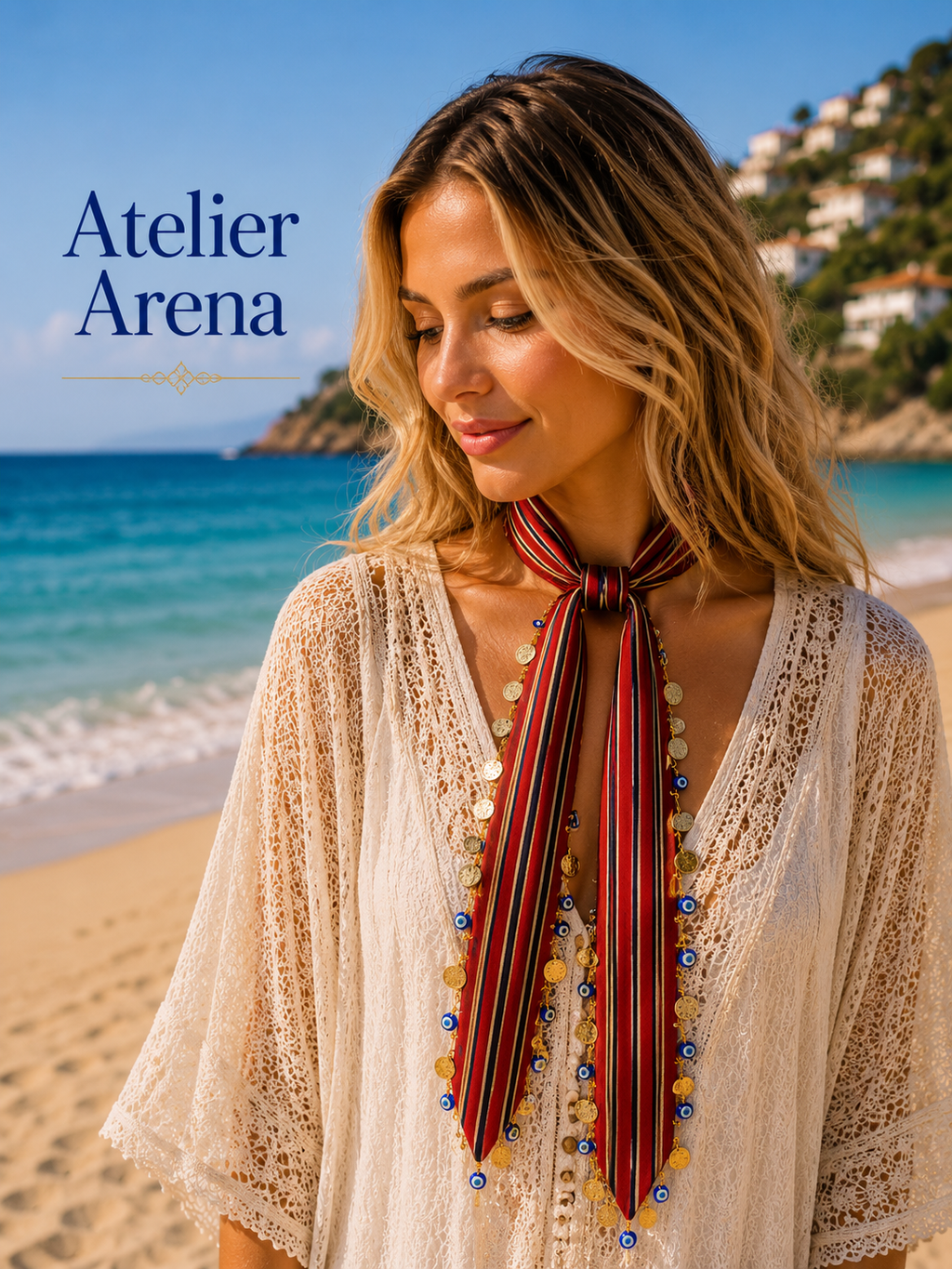 Luxe Rood-Zwarte Bandanasjaal met Blauwe Bedels