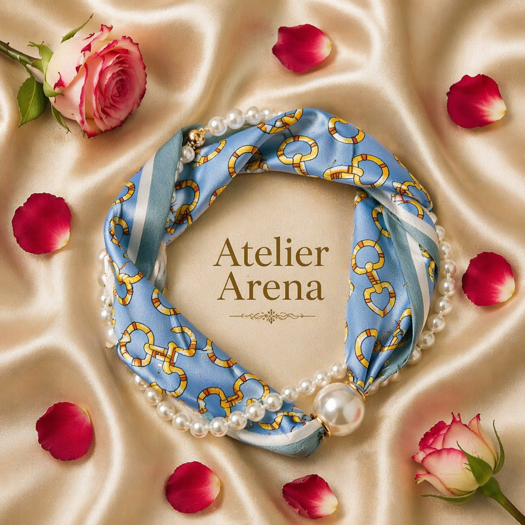 Luxe Parel Sjaal & Ketting Bundel – Lichtblauw & Goud