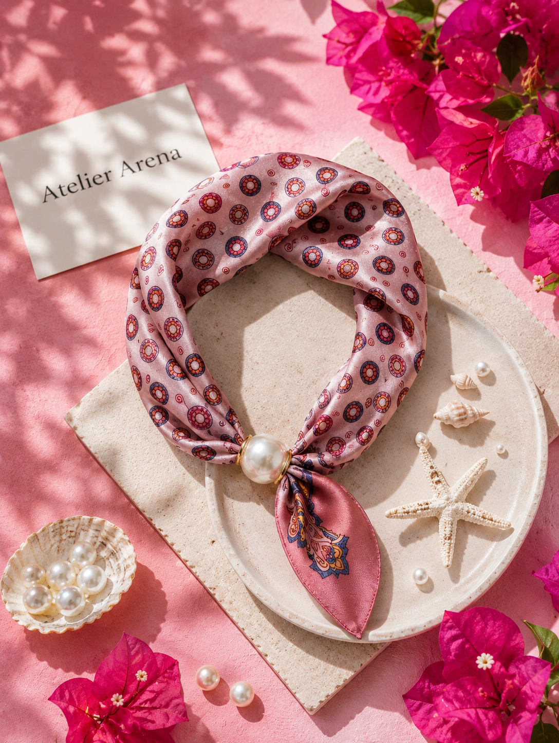 Pink Satin Scarf Necklace with Pearl Detail – Elegant Women's Scarf