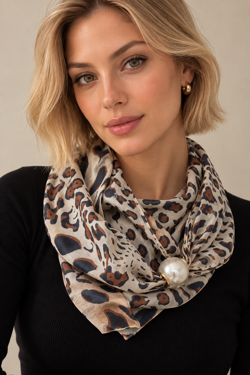 Beige Leopard Print Scarf with Pearl