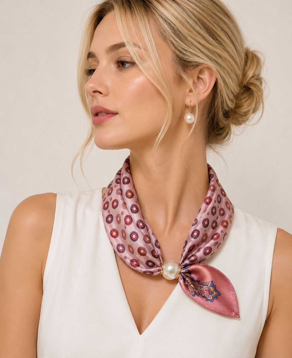 Pink Satin Scarf Necklace with Pearl Detail – Elegant Women's Scarf