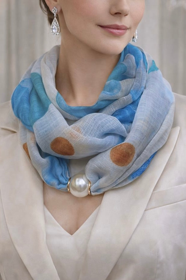 Luxe Sjaal met Pareldetail - Blauw & Stippen