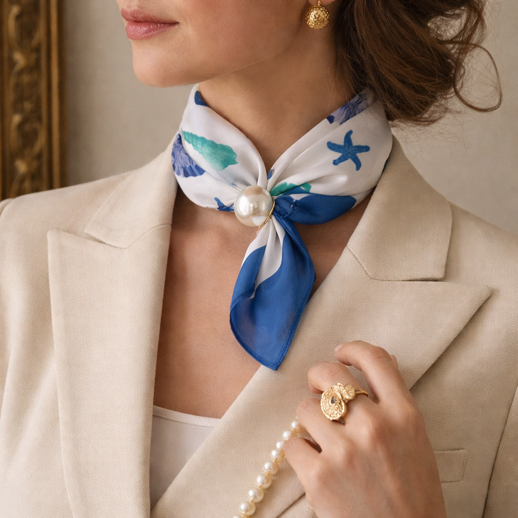 Star print summer scarf with pearl