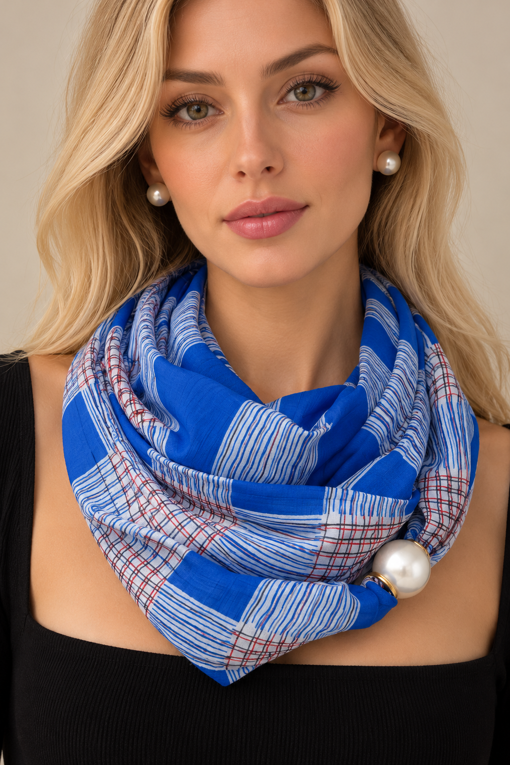 Blue Scarf with Stripe and Check Pattern and Pearl