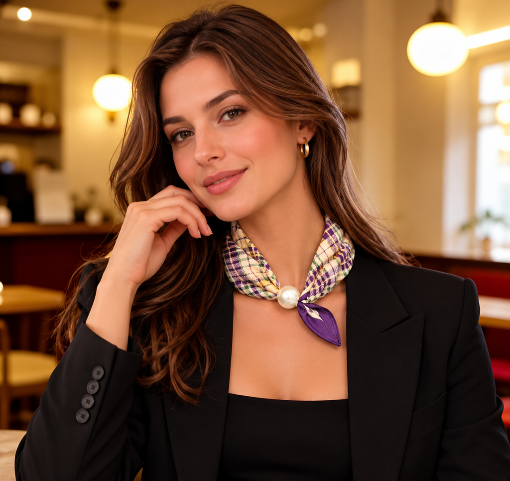 Bufanda de cuadros morada con cierre de perla
