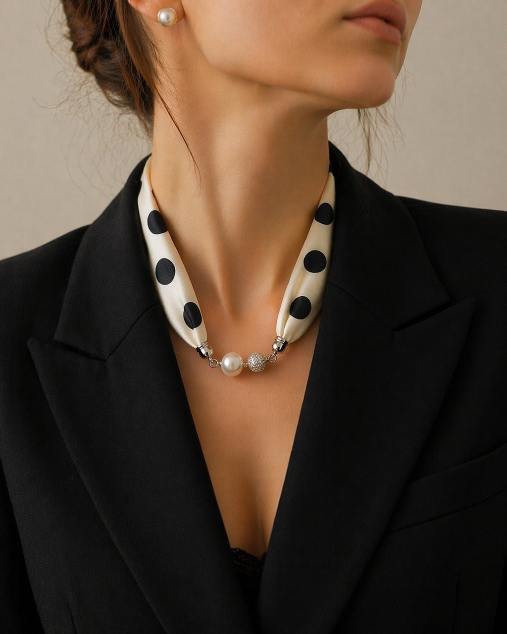 Luxury Satin Scarf with Pearl – Black White Dots