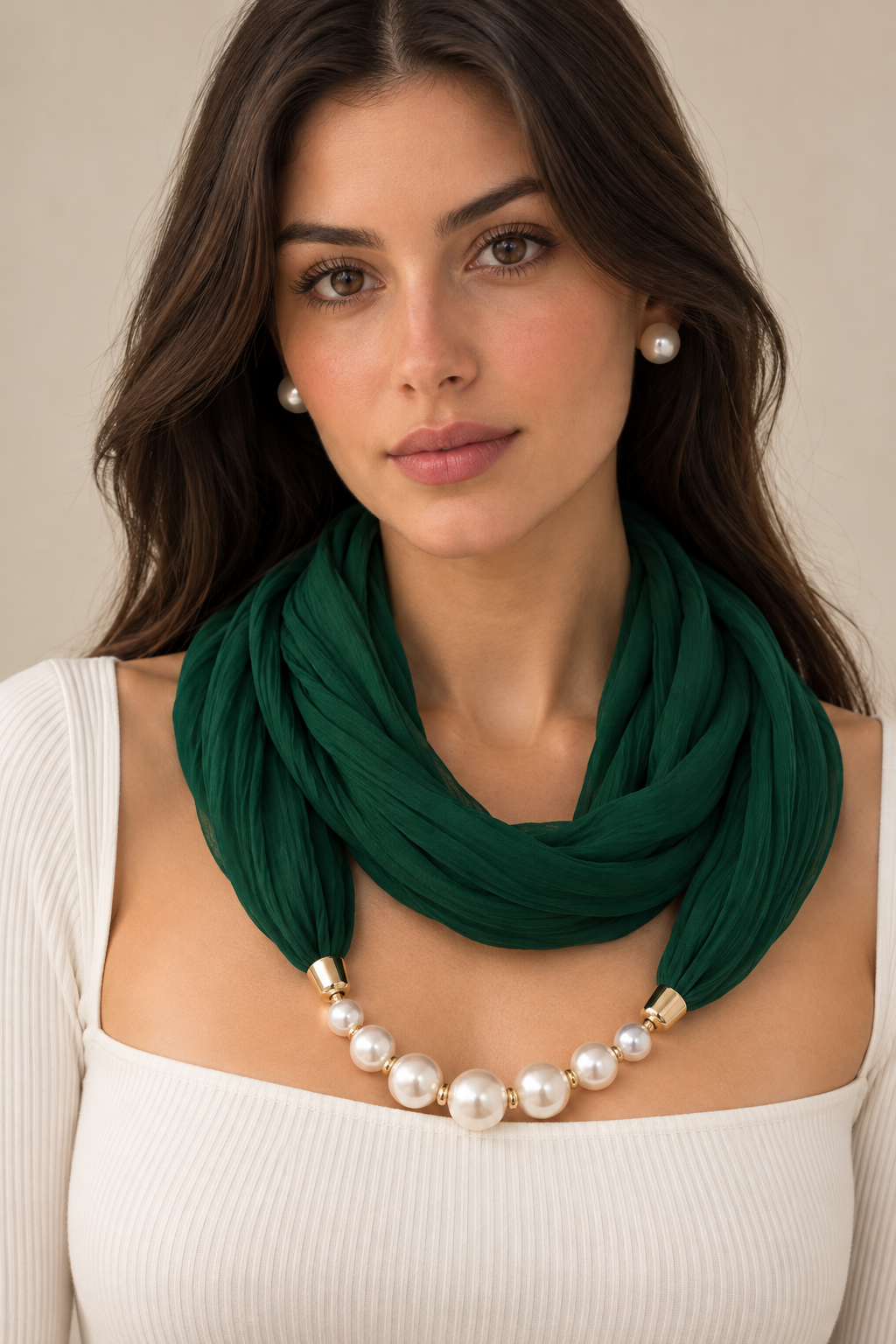 Green Scarf Necklace with Pearls