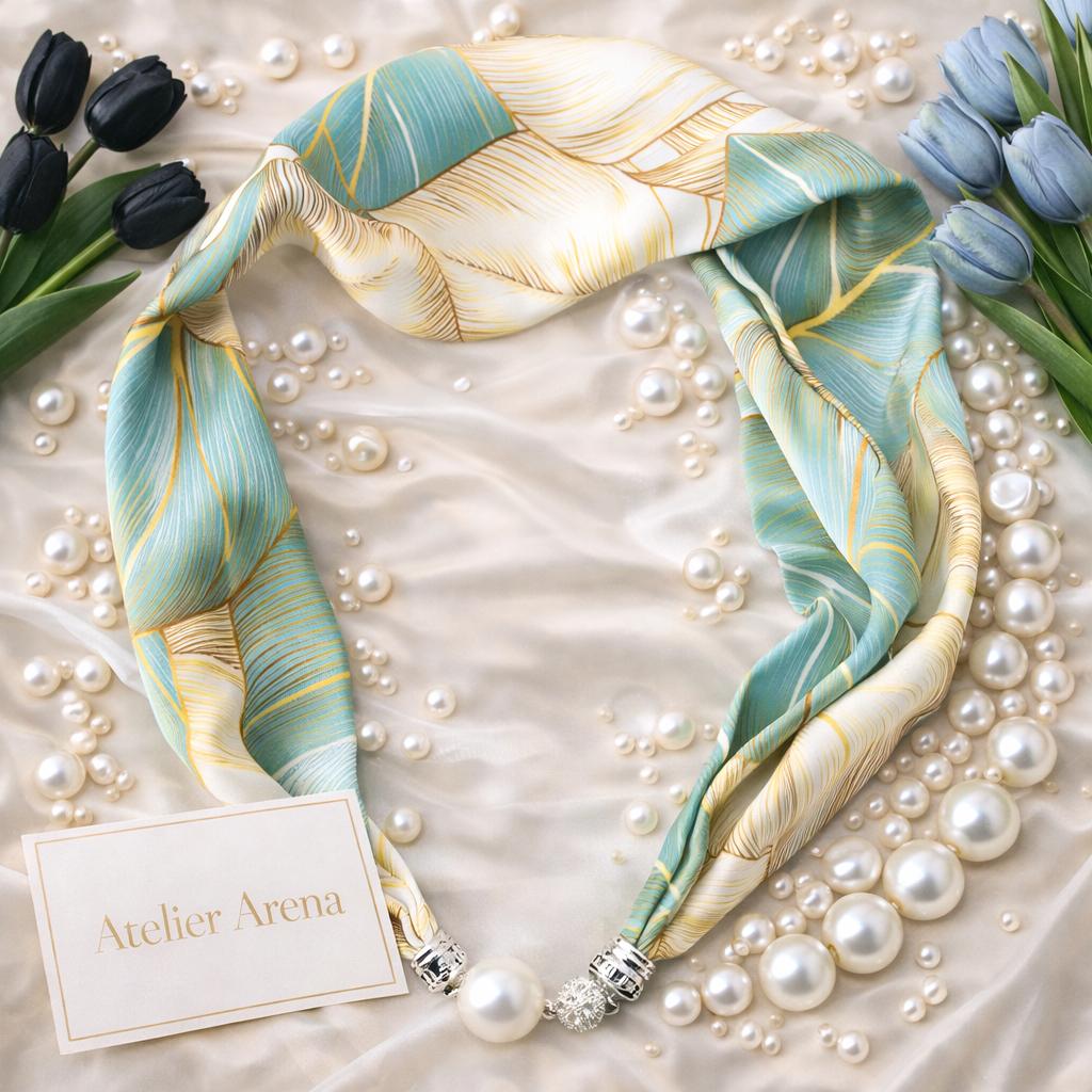 Turquoise-Goud Sjaal met Bladmotief en Parelketting