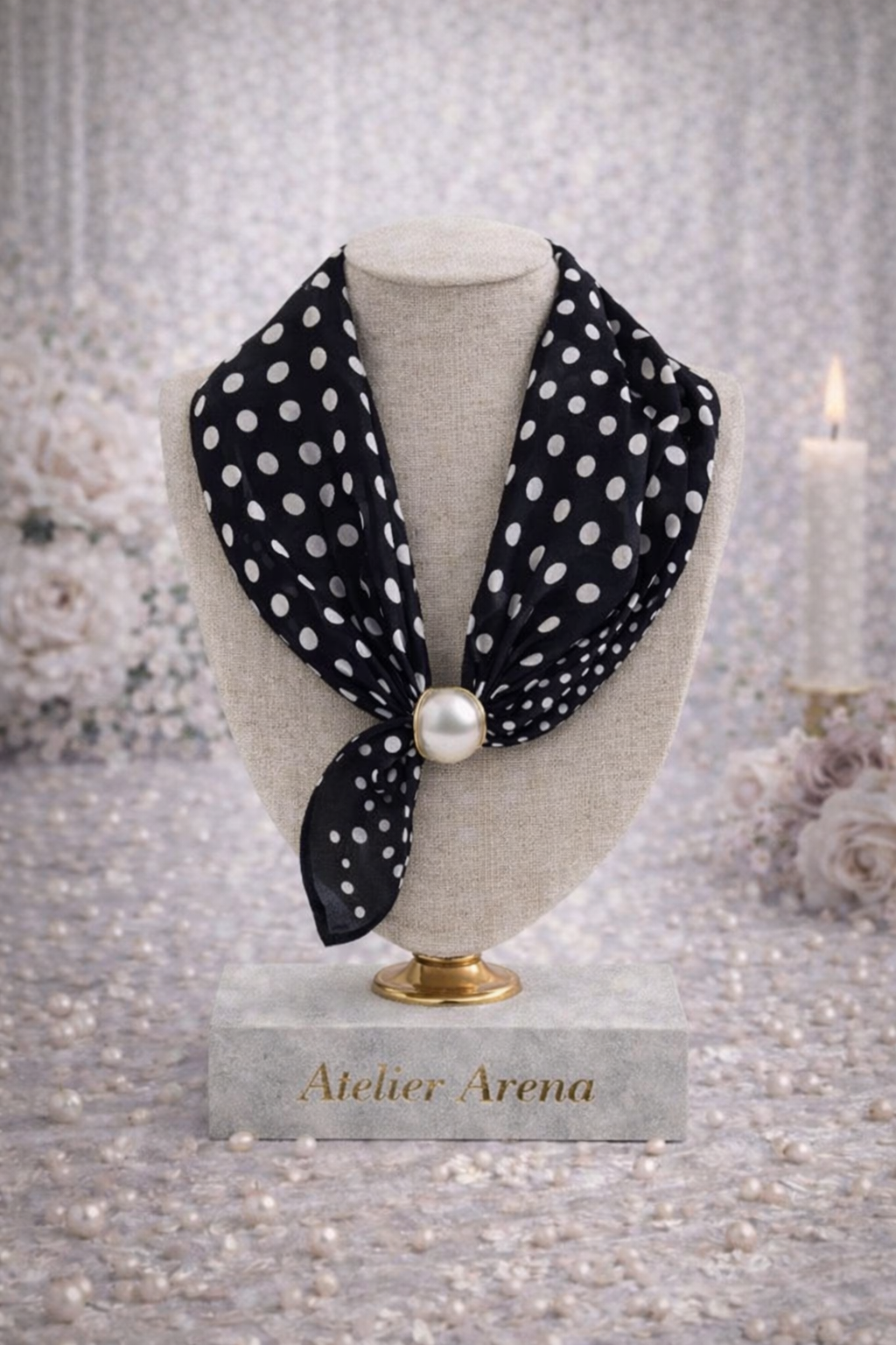 Black Scarf with White Dots and Pearl