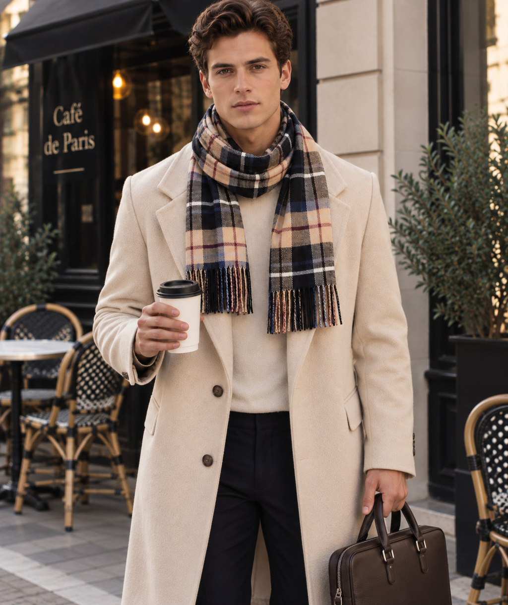 Klassiek Ruit Sjaal Unisex – Beige & Donkerblauw