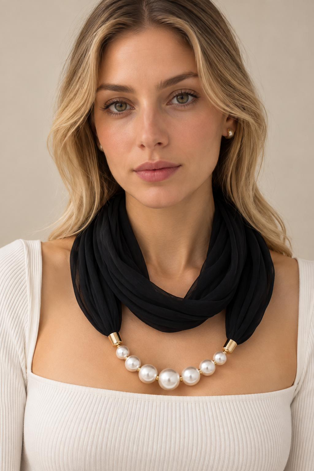 Collar de bufanda negro con perlas