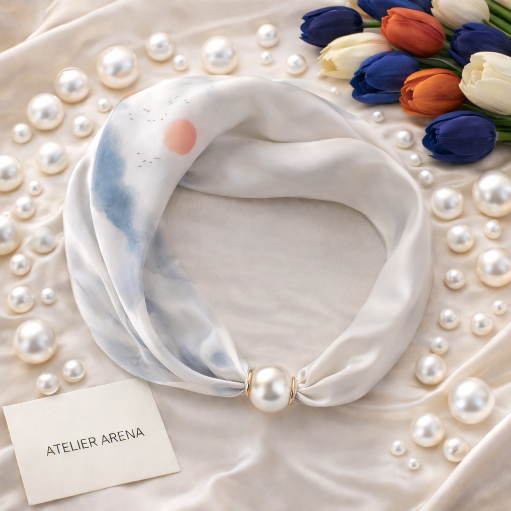 Wit Sjaaltje met Pastel Aquarel Patroon en Parel