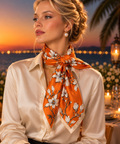 Foulard en satin orange à motif floral