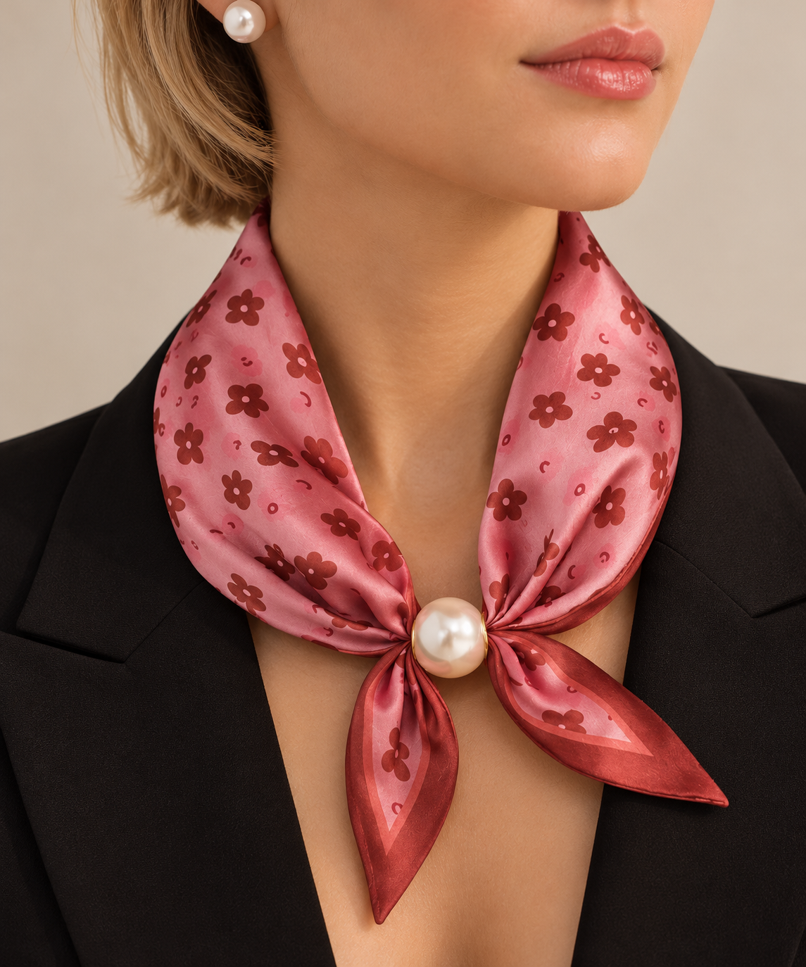Pañuelo de satén con perla – Flores rosas elegante