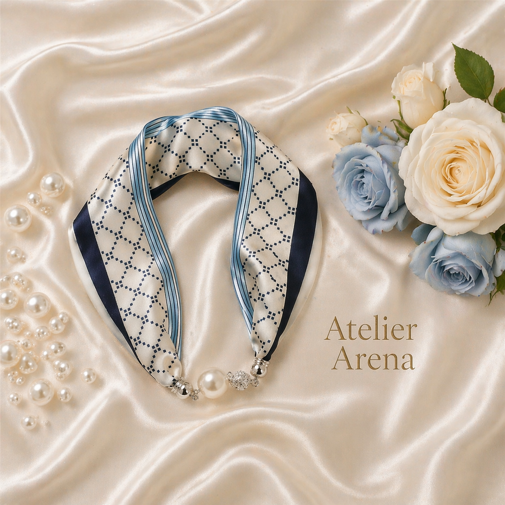 Luxe Satijnen Sjaal met Parel – Blauw Crème Patroon