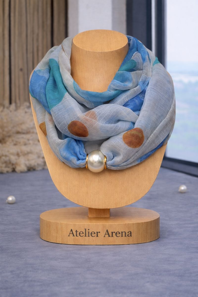 Luxe Sjaal met Pareldetail - Blauw & Stippen