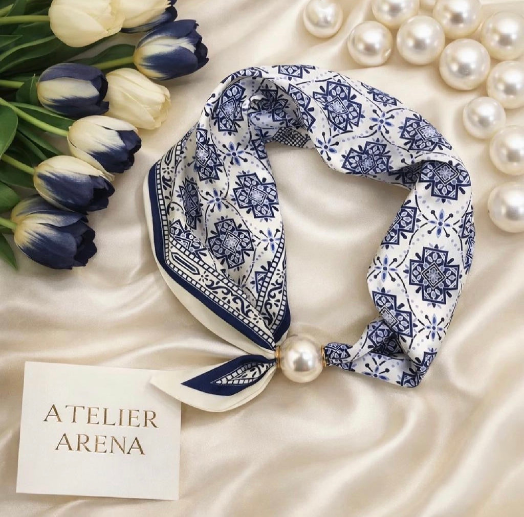 Blue and White Scarf with Ornamental Pattern and Pearl