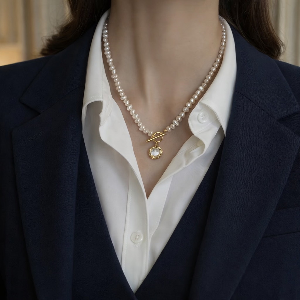 Freshwater Pearl Necklace with Toggle Clasp and Gemstone Pendant