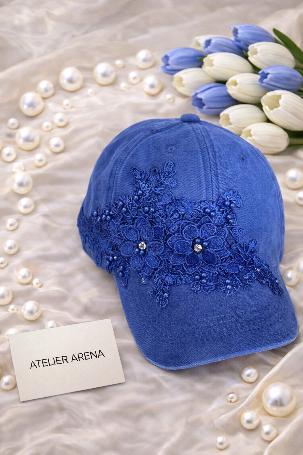 Blue Cap with Flower Detail