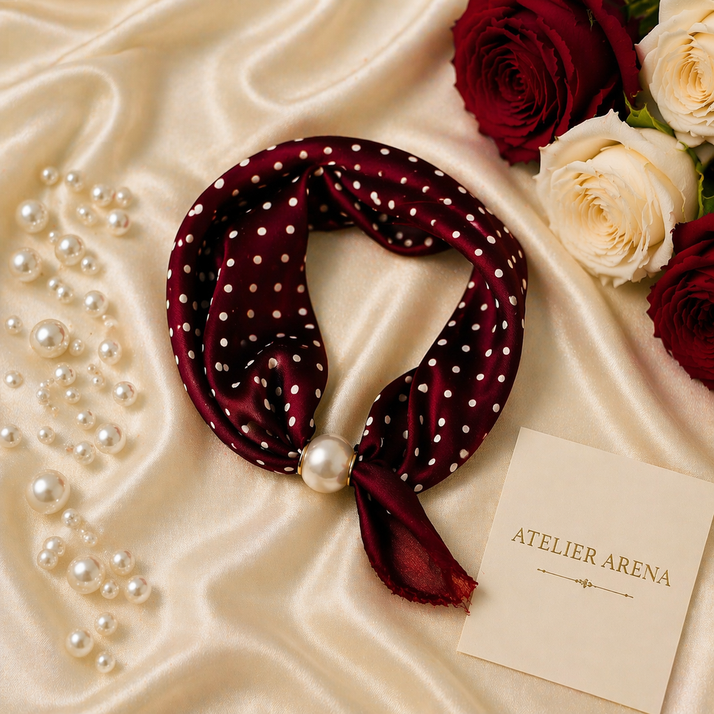 Silk Scarf with Pearl – Bordeaux Dots