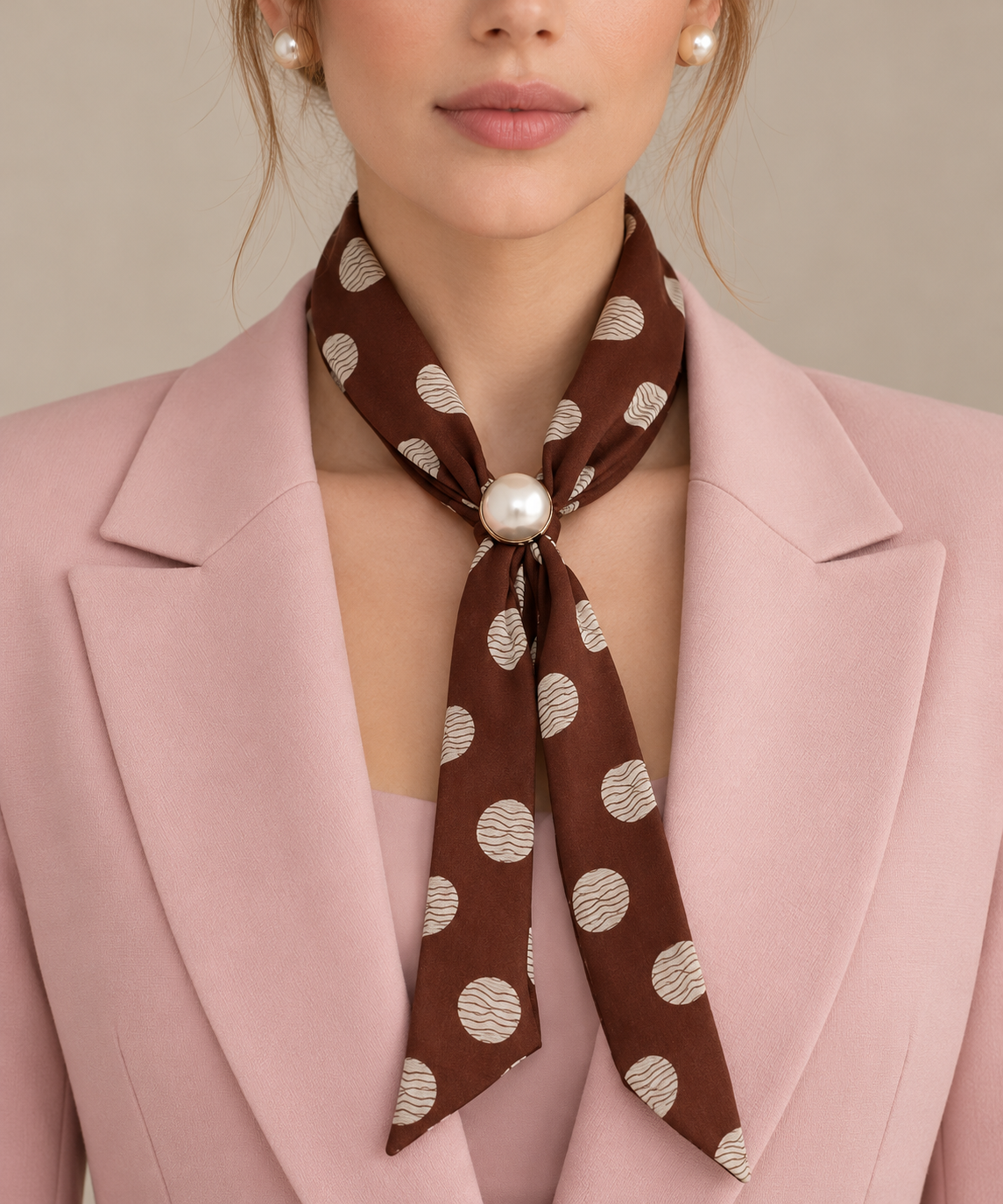 Elegante sciarpa marrone a pois con fibbia di perle