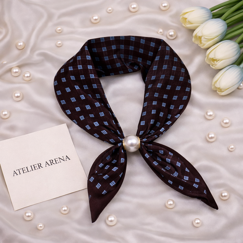 Dark Brown Patterned Scarf with Pearl Detail