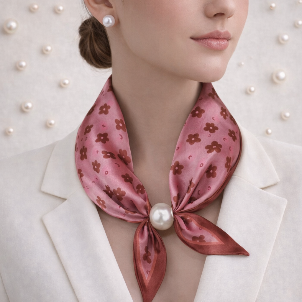 Satijnen Sjaal met Parel – Roze Bloemen Elegant