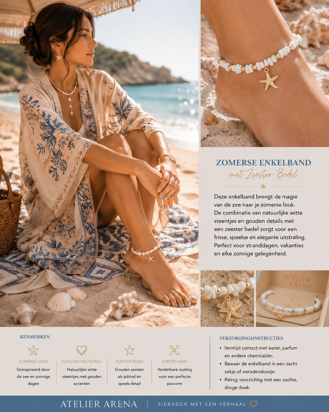 Enkelband Zeester - Wit Schelp & Goud