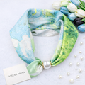 Turquoise Green Scarf with Watercolor Pattern and Pearl