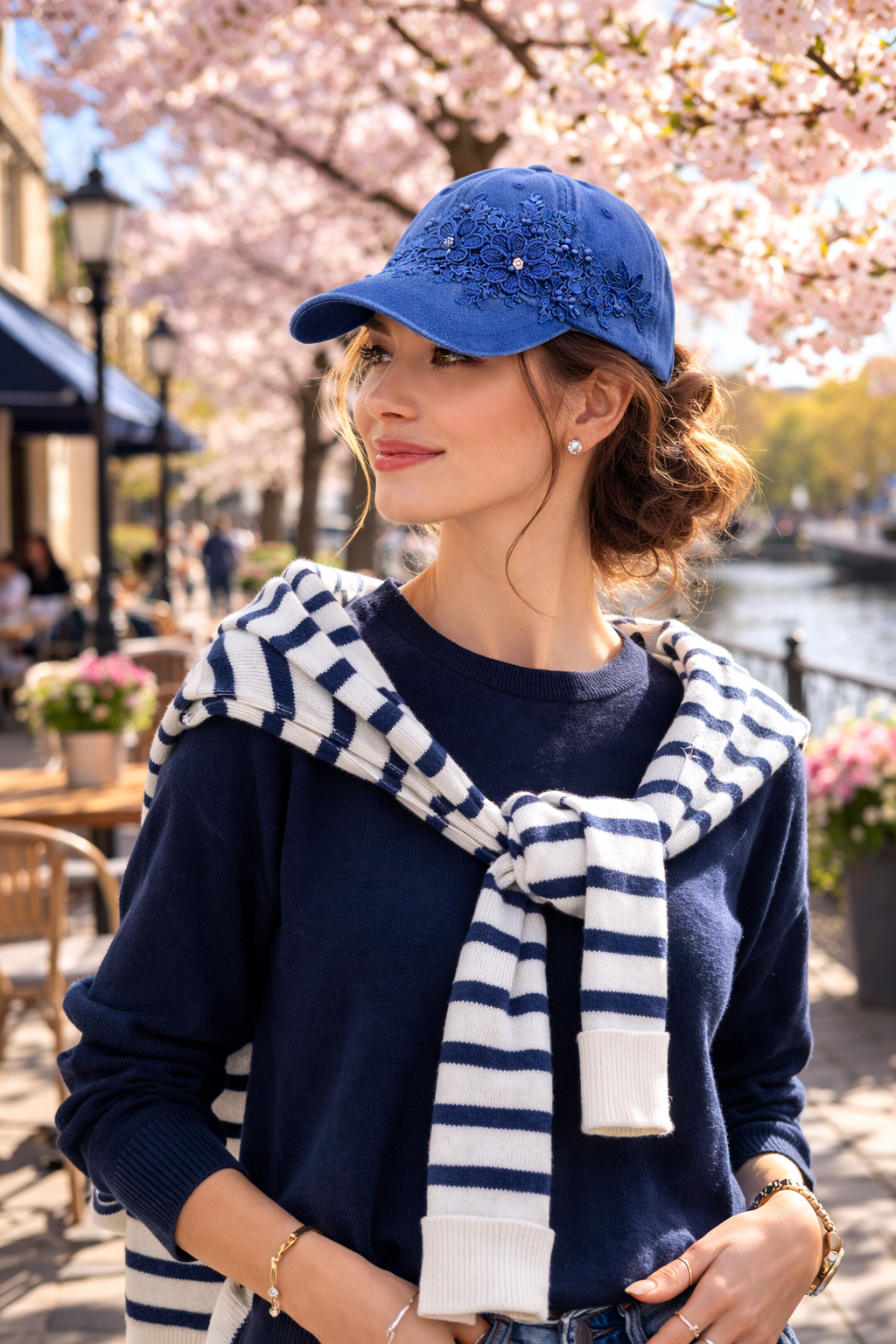 Blue Cap with Flower Detail