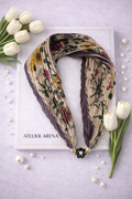 Purple-Beige Pleated Scarf with Floral Print