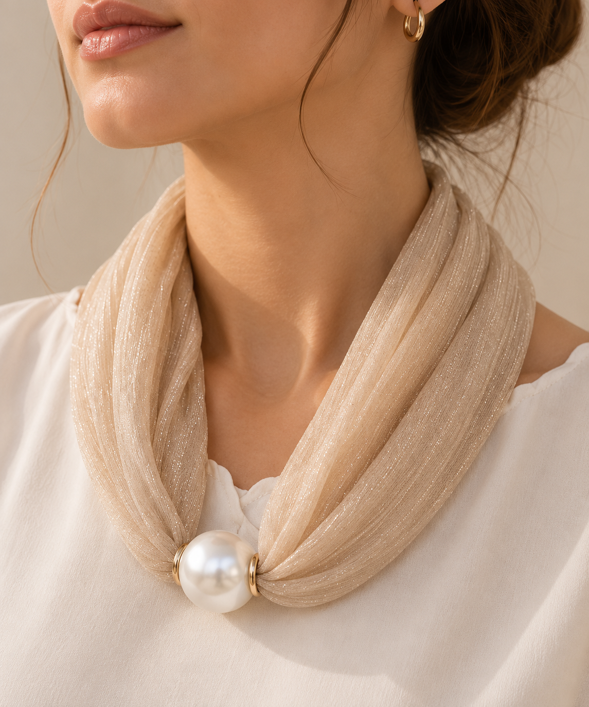 Organza Scarf with Magnetic Closure – Beige