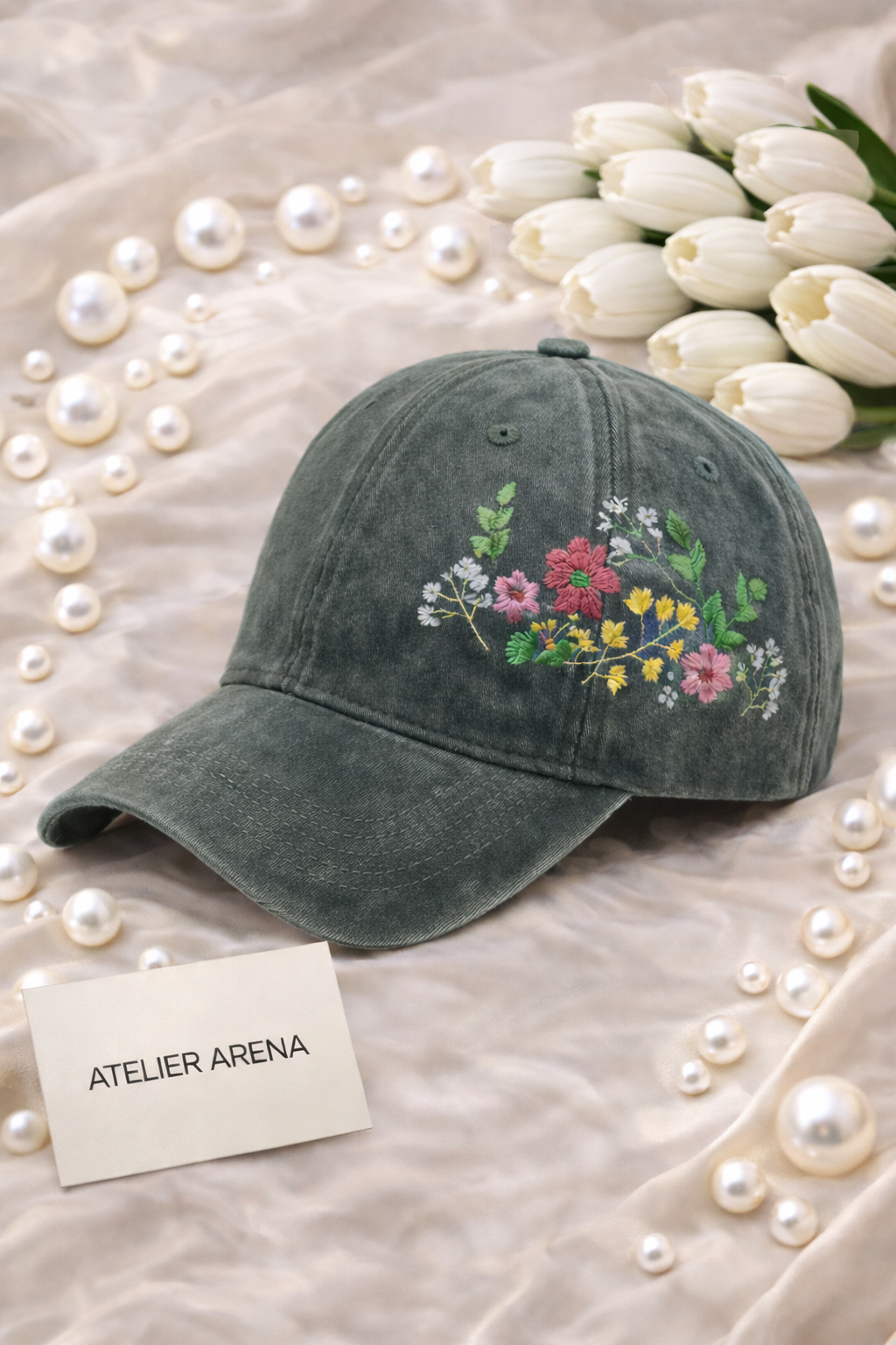 Green Cap with Flower Detail