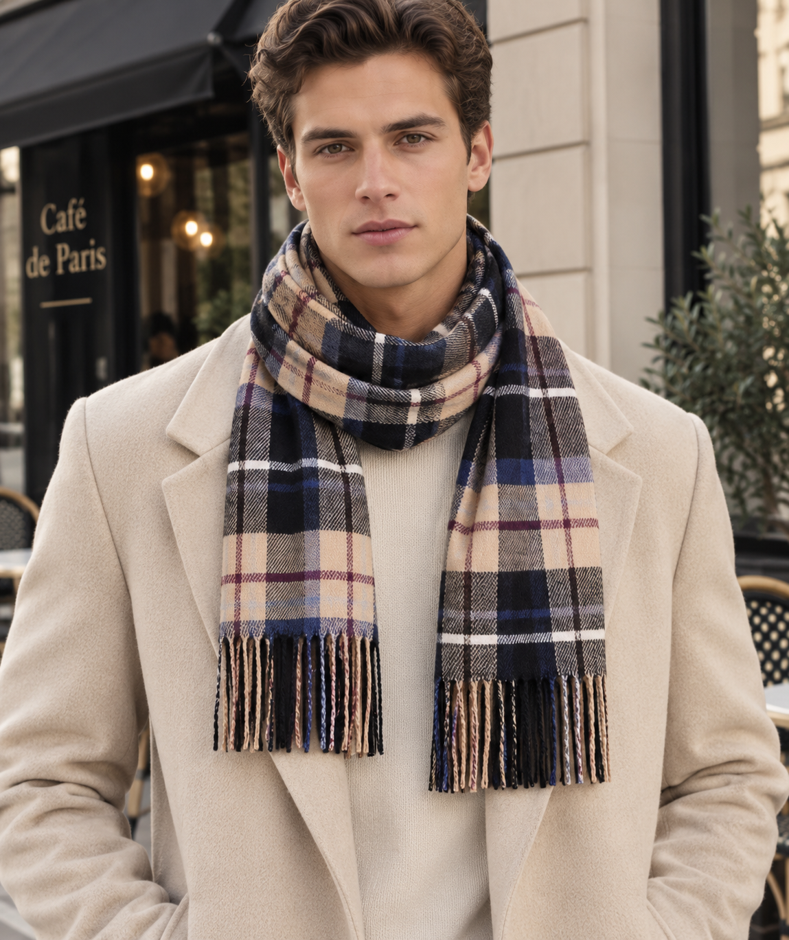 Klassiek Ruit Sjaal Unisex – Beige & Donkerblauw