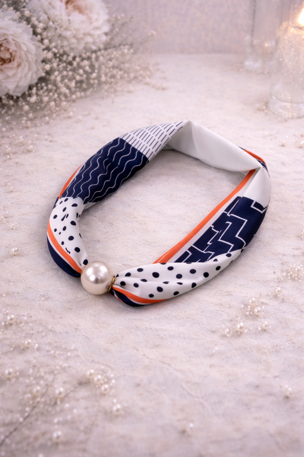 Nautical Scarf with Dots and Pearl - Blue, White and Orange