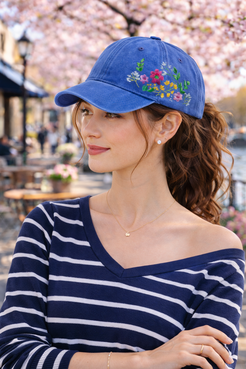 Blue Cap with Flower Detail