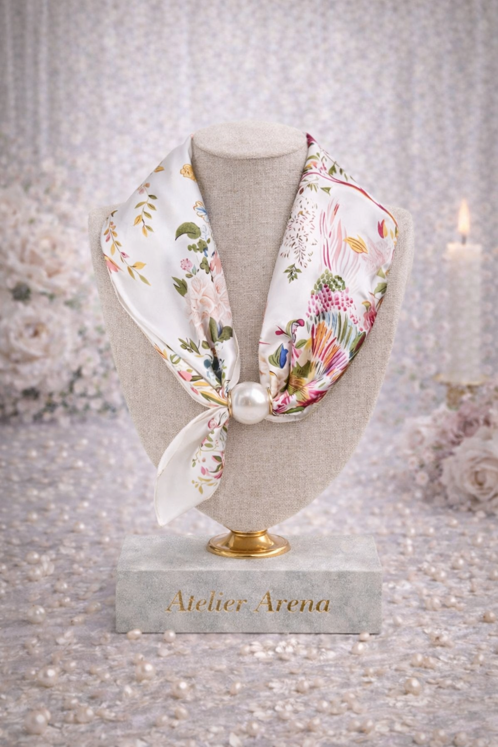 White Scarf with Botanical Flower Pattern and Pearl