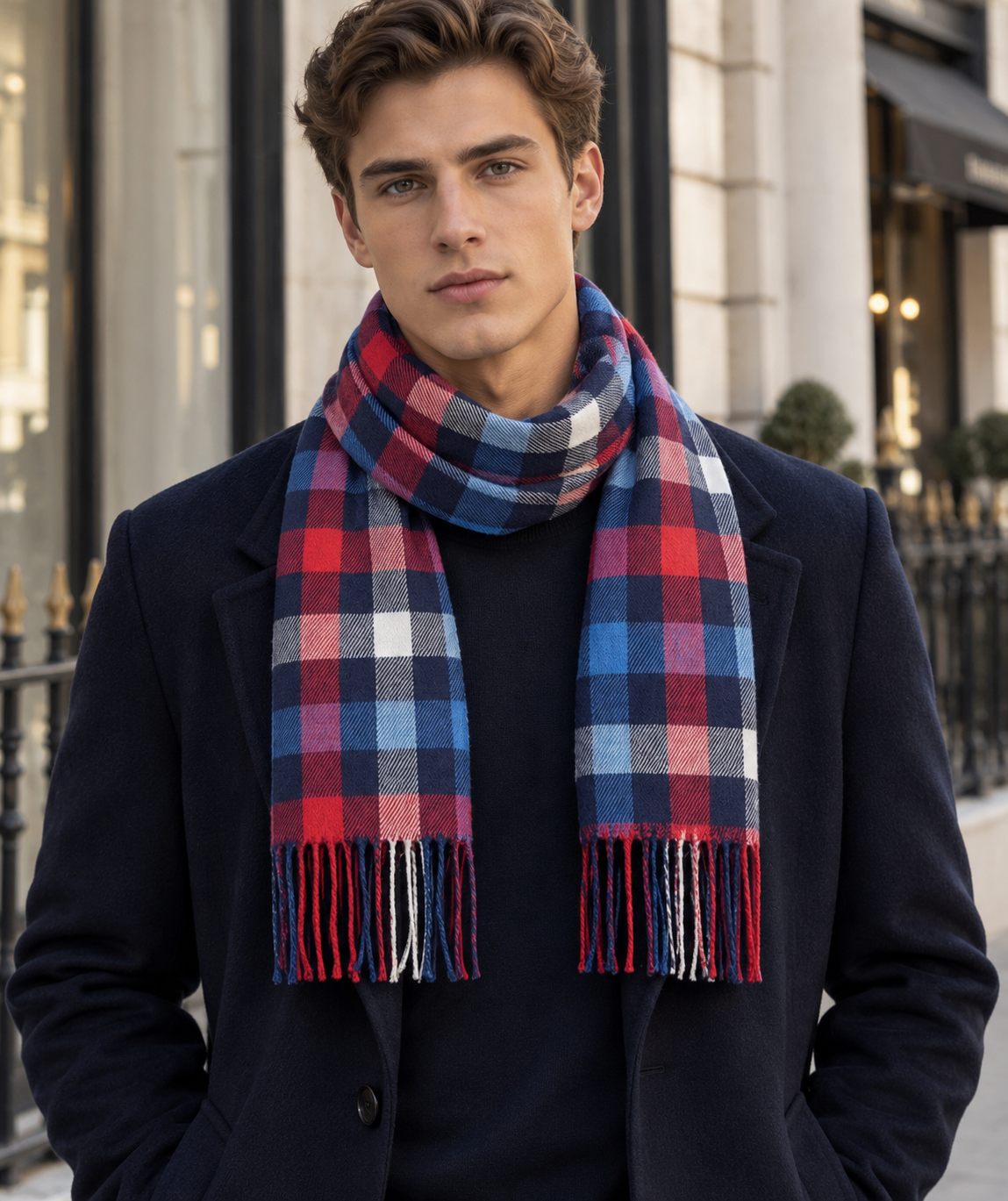 Bufanda Unisex de Cuadros Clásicos – Azul Oscuro, Rojo y Azul