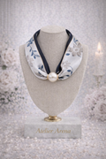Scarf with Floral Print and Pearl - Blue, Gray and White