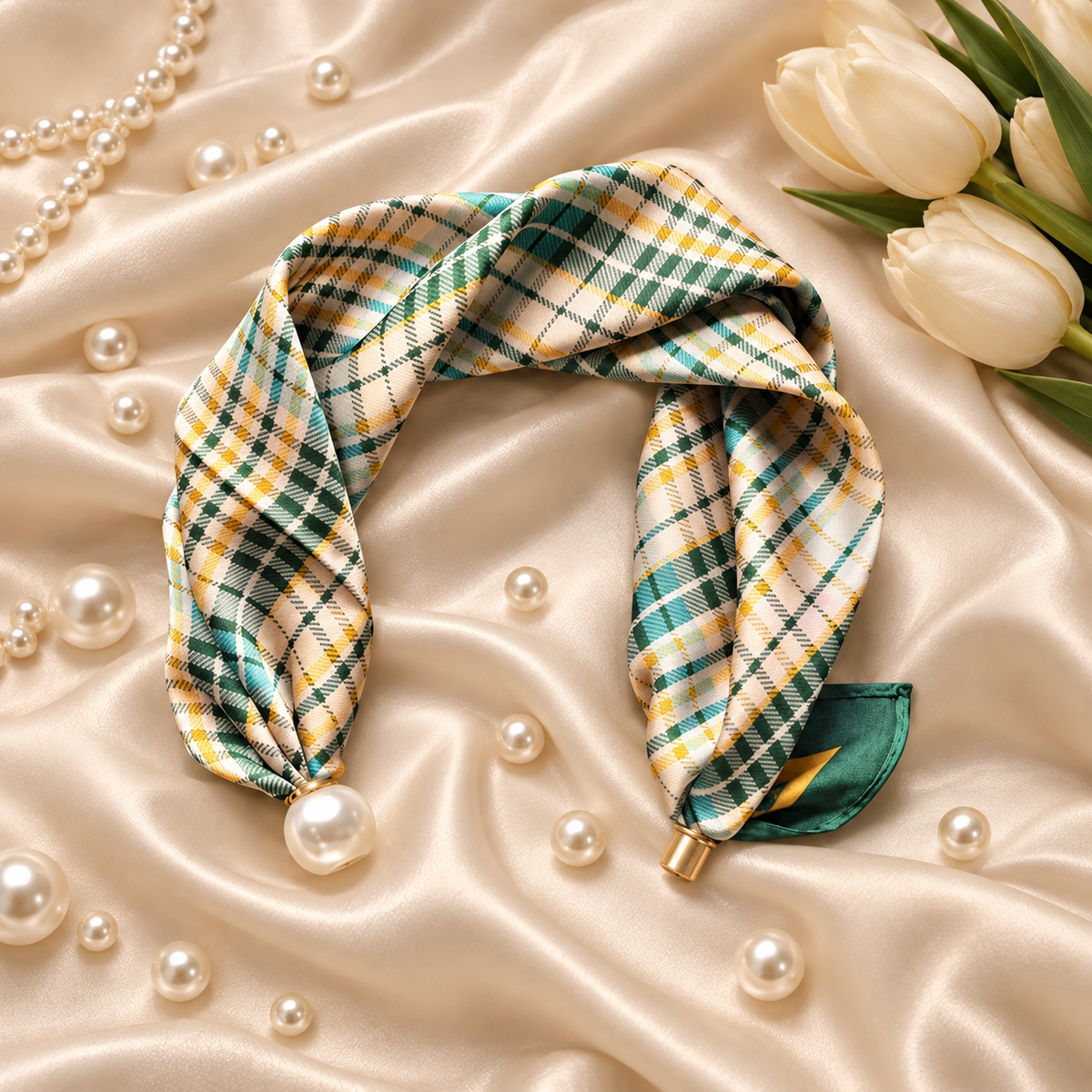 Emerald Pearl – Satijnen Sjaal met Parelsluiting