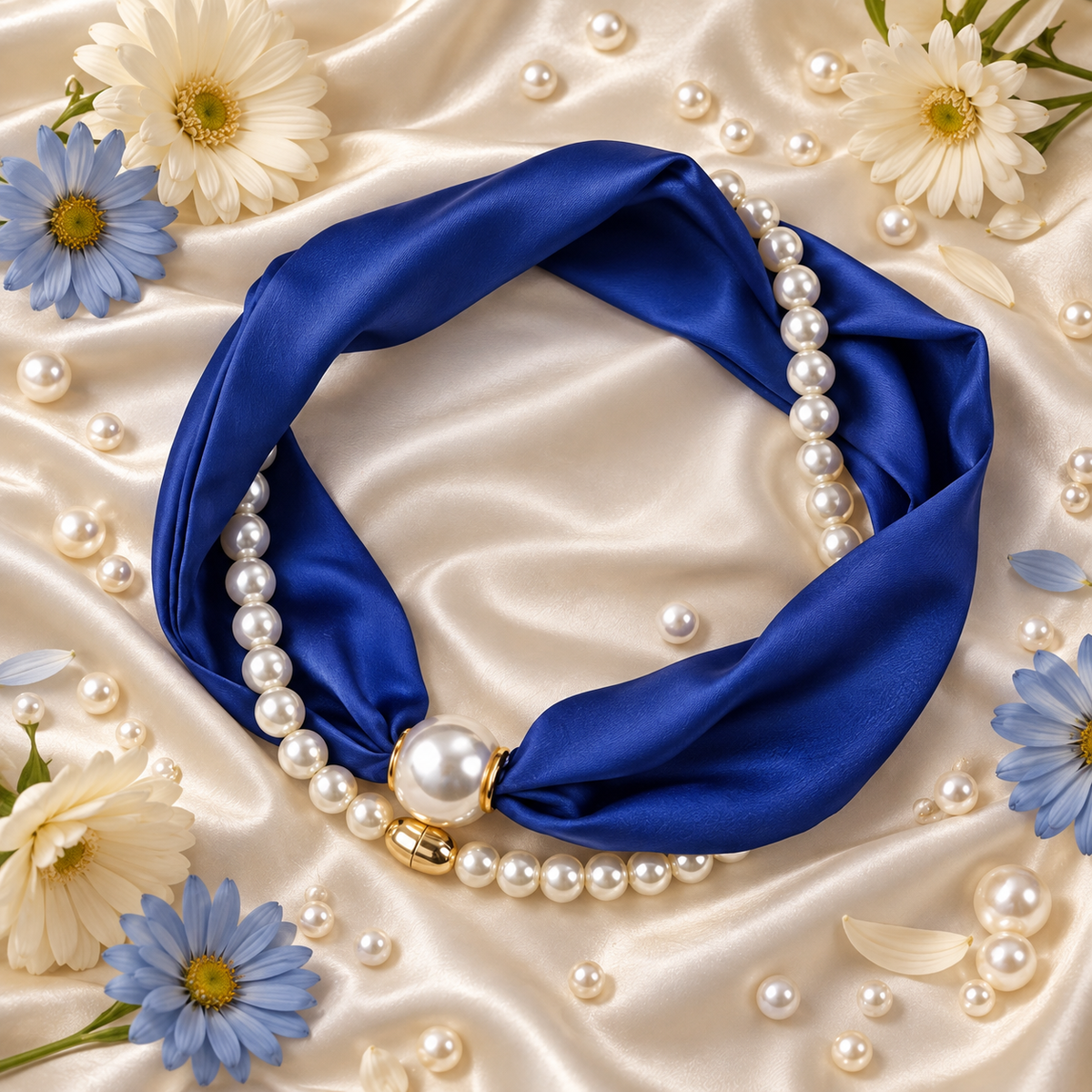 Koningsblauwe Sjaal & Parelketting Set